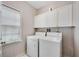 Functional laundry room with a washer, dryer, overhead cabinets, and natural light at 350 Declaire Ne Way, Marietta, GA 30067