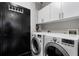 Laundry room with modern washer and dryer, white storage cabinets, and black door, creating a functional space at 878 Peachtree St # 601, Atlanta, GA 30309
