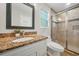 Bathroom featuring a glass shower, granite countertop vanity, decorative mirror, and toilet at 4125 Fallbrook Dr, Duluth, GA 30096
