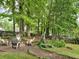 Backyard sitting area with comfortable seating and a fire pit surrounded by mature trees and manicured landscaping at 5625 Brookstone Nw Dr, Acworth, GA 30101