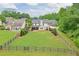 Aerial view of the backyard showing mature trees and landscaping, a patio, and fencing at 134 Johnston Farm Ln, Woodstock, GA 30188