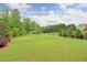 Expansive backyard features a lush lawn, mature trees, and a classic wood fence at 134 Johnston Farm Ln, Woodstock, GA 30188
