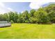 A large green yard with a pool, playhouse, and garden surrounded by lush trees on a bright day at 2180 Oakpointe Ct, Buford, GA 30519