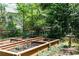 Landscaped garden area featuring raised beds, mature trees, and lush greenery at 386 Collegiate Dr, Powder Springs, GA 30127