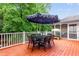 Inviting backyard deck features outdoor seating under a large umbrella and serene views at 220 Foxley Way, Roswell, GA 30075