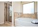 Bright bathroom featuring a shower, garden tub and a frosted window at 2753 Trebek Ct, Mcdonough, GA 30253