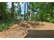 A backyard covered in pinestraw with some trees in the background and shrubbery on the property line at 373 Dixie Ct, Lawrenceville, GA 30046