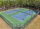 Aerial view of community tennis courts with professional lighting for evening games surrounded by trees at 1829 Alcovy Shoals Blf, Lawrenceville, GA 30045