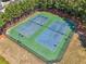 Aerial view of two well-maintained community tennis courts surrounded by lush greenery and tall trees at 1829 Alcovy Shoals Blf, Lawrenceville, GA 30045