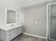 Modern bathroom featuring a gray vanity with an LED mirror and a glass shower at 1712 Shirley Sw St, Atlanta, GA 30310