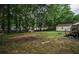 Overgrown backyard featuring mature trees, storage sheds, and a fire pit area for outdoor relaxation at 8053 Duralee Ln, Douglasville, GA 30134
