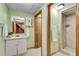 Basement bathroom featuring a vanity with sink, mirror, and walk-in tiled shower at 243 Woodview Ln, Smyrna, GA 30082