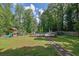 Lush backyard with mature trees, playground and fenced in above ground pool with decking at 7155 Bannister Park Ln, Cumming, GA 30028