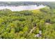 Aerial view showcasing the home surrounded by trees with a lake view at 10213 Tall Pine Ct, Villa Rica, GA 30180