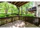 Covered patio with wooden railing and view of green landscaped backyard at 10090 Jones Bridge Rd # 2, Alpharetta, GA 30022