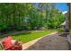 This backyard retreat features lush greenery, a stone patio, and mature trees at 3680 Milton Park Dr, Alpharetta, GA 30022