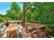 A wooden deck provides a peaceful outdoor dining area amidst a verdant, tree-filled setting at 1059 Woodland Ave, Atlanta, GA 30316