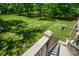 Expansive backyard view from the deck stairs showing a manicured lawn with mature trees at 3295 Waters Ml, Alpharetta, GA 30022