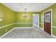 This dining room features charming wainscoting, a vintage chandelier, and hardwood-style flooring at 4938 Cedar Lake Ter, Douglasville, GA 30135