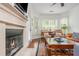 Cozy living room with a stone fireplace, and a wall of windows at 825 Highland Ne Ln # 1116, Atlanta, GA 30306