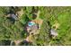 Aerial view of a property with a pool, outbuilding, and lots of trees at 19 Margrit Ct, Stockbridge, GA 30281