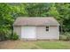 Exterior view of a storage shed with a white door and window in a fenced yard at 35 Kendall Ln, Covington, GA 30014