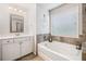 Bright bathroom showcasing a white vanity and a soaking tub at 408 Honeybee Ln, Canton, GA 30115