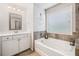Bathroom featuring a soaking tub and vanity with white cabinets at 408 Honeybee Ln, Canton, GA 30115