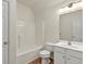 Bathroom with white cabinets, vanity, toilet, and tub at 229 Brookview Pl, Woodstock, GA 30188