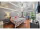 Comfortable main bedroom with tray ceiling, windows, and neutral colors offering relaxation at 4261 Vineyard Trl, Snellville, GA 30039