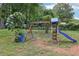 Backyard featuring a playset with slide and swings, surrounded by green grass and mature trees at 4261 Vineyard Trl, Snellville, GA 30039