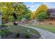 This backyard features a beautifully landscaped yard with a stone patio and outdoor fireplace at 3302 Anna Ruby Ln, Buford, GA 30519
