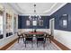 Elegant dining room featuring a modern chandelier, navy blue walls, and wainscoting at 3302 Anna Ruby Ln, Buford, GA 30519
