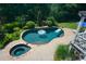 Beautiful backyard pool with a spa, patio, and lush landscaping at 3740 Duckcove Way, Cumming, GA 30041