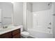 Clean bathroom with a single sink, vanity and a shower over tub with plastic surround at 4630 Roseman Trl, Cumming, GA 30040