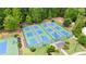 Aerial view of outdoor pickleball courts with lush greenery and a charming gazebo in a beautiful community at 4630 Roseman Trl, Cumming, GA 30040