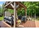 Relaxing backyard patio with plush outdoor seating, fire pit, and wooded views at 492 Thorn Creek Way, Dallas, GA 30157