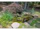 Backyard oasis featuring a koi pond, water feature, and lush landscaping at 122 Griffin Way, Canton, GA 30115