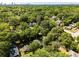 Aerial view of a neighborhood with mature trees and the city skyline in the distance at 166 Martha Ave, Atlanta, GA 30317