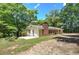 Single-story home with a brick chimney, covered front porch, and surrounded by mature trees at 191 White Oak Church Rd, Dallas, GA 30157