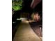 Illuminated backyard walkway leading to a wooden gate surrounded by lush greenery and custom landscape lighting at 2258 Bright Water Dr, Snellville, GA 30078