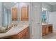 Well-lit bathroom with a vanity, mirror, and a glimpse into another area; features neutral tones and practical layout at 11945 Dancliff Trce, Alpharetta, GA 30009