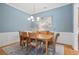 Formal dining room featuring modern lighting, wainscoting, and a sophisticated color palette at 11945 Dancliff Trce, Alpharetta, GA 30009