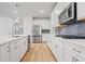 New kitchen boasts stainless appliances, white cabinets, a kitchen island and sleek gray backsplash at 730 Lanarck Way, Peachtree City, GA 30269