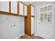Functional laundry room features cabinetry for storage and an exterior door for convenience at 1111 Louise Se Ct, Conyers, GA 30013