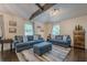 Inviting living room featuring vaulted ceilings with wooden beams and comfortable blue sofas at 2497 Edwards Nw Dr, Atlanta, GA 30318