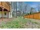 View of the backyard featuring a wood fence, trees, and the exterior of the home at 93 Ridgetree Ln, Marietta, GA 30068