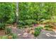 Landscaped backyard with brick pathway leading to a fire pit at 277 Alberta Ne Dr, Atlanta, GA 30305