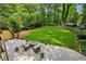 A beautifully landscaped backyard is shown from above with a stone fire pit area at 1130 Angelo Ne Ct, Atlanta, GA 30319