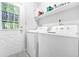 Bright laundry room featuring washer, dryer, storage shelf, and a door that provides exterior access at 9955 Rivertown Rd, Fairburn, GA 30213